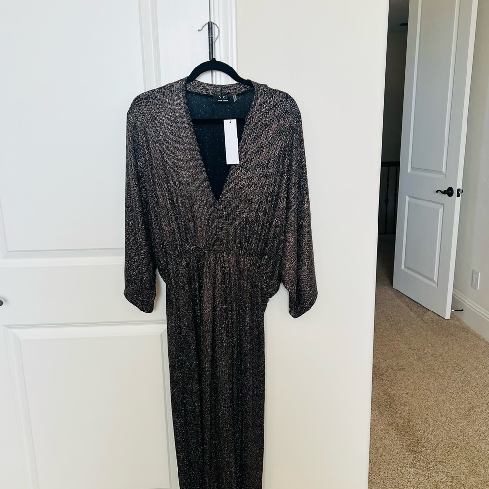 VICI Metallic Black Gold V-Neck Maxi Dress